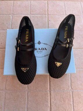New Prada Mesh Mary Jane Flats with Triangle Logo - Black